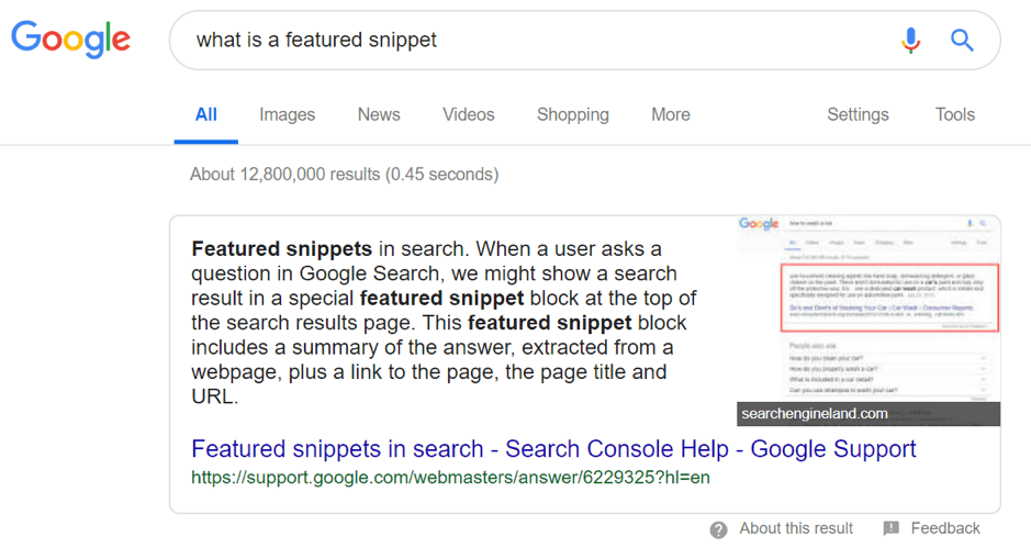 a featured snippet explaining what a featured snippet is