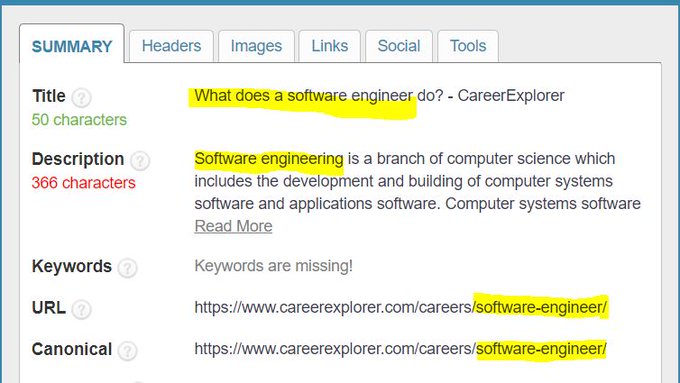 Page title and meta description example for top ranking result of Software Engineer search