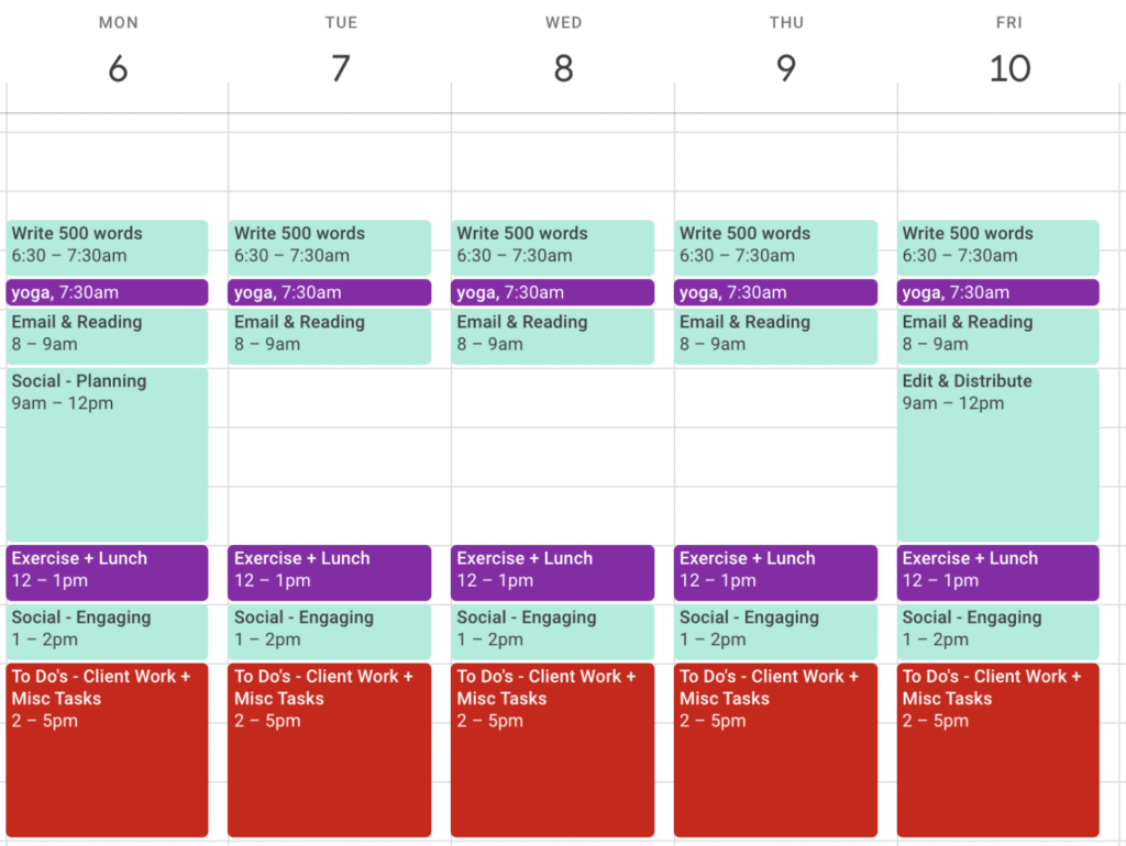 weekly routine schedule for a content marketer working alone